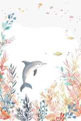 Fototapeta premium Dolphin gracefully glides in a serene seascape - An illustration depicting a solitary dolphin elegance among the delicate underwater flora and aquatic life