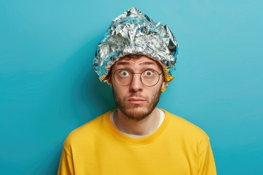 Person with tinfoil hat and glasses - A puzzled individual in a yellow shirt and tinfoil hat with round glasses