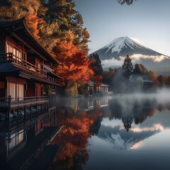 Serene Panorama of Mount Fuji with Autumnal Maple Leaves and Lake Reflection: Embodiment of Japan's Natural and Cultural Beauty