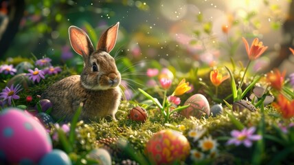 Fototapeta na wymiar Easter bunny sitting among colorful eggs - A cute brown bunny surrounded by vibrant Easter eggs nestled in a field of spring flowers and sparkling lights