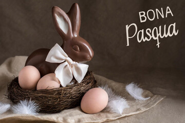 Happy easter text in catalan with bunny with bow and chocolate easter eggs in a nest.
 - obrazy, fototapety, plakaty
