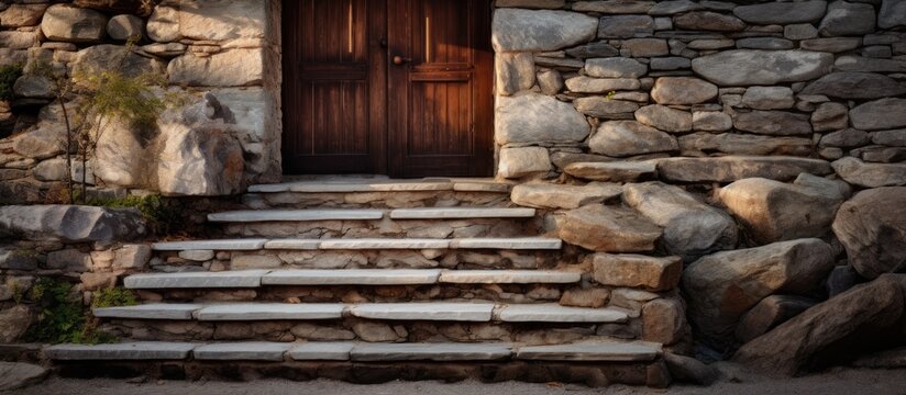 A stone wall with a door and steps leading up to it is the focal point of the image