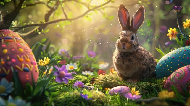 Bunny amidst Easter eggs in magical light - An inviting image of a bunny nestled in a meadow filled with Easter eggs, all cast in a soft and magical light