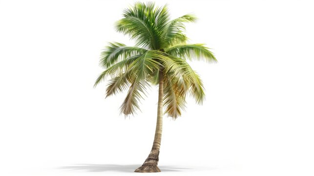Image of a single coconut palm tree against a white backdrop.
