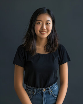 Smiling Asian woman in black shirt - An Asian woman with a pleasant smile, wearing a casual black t-shirt against a dark backdrop