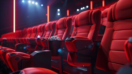 Empty, movie theatre seats in red, with cup holders and popcorn, concept of entertainment.