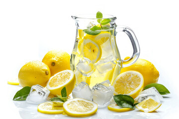 A clear pitcher filled with lemonade, ice cubes, and slices of fresh lemons, with some green leaves and mint herbs. Isolated on white background.