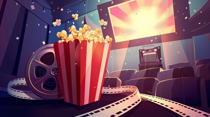 Enjoy classic movies with popcorn and a vintage film reel on streaming services. - obrazy, fototapety, plakaty