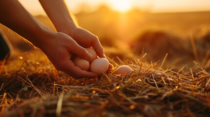 Hands picking high quality chicken eggs from straw coop on a farm in sunrise, concept of organic free range chicken eggs, farm life, agriculture, rural life. - obrazy, fototapety, plakaty
