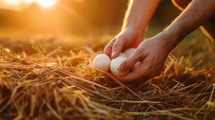 Hands picking high quality chicken eggs from straw coop on a farm in sunrise, concept of organic free range chicken eggs, farm life, agriculture, rural life.