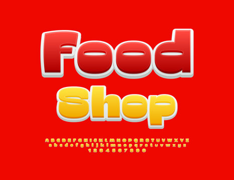 Vector bright banner Food Shop. Creative Yellow Font. Artistic Alphabet Letters and Numbers set.