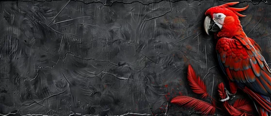 Fotobehang  Red parrot perched atop tree branch adjacent to black-gray wall with peeling, faded paint © Wall