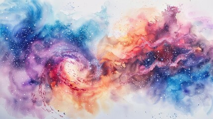 A watercolor galaxy, with stars and nebulae swirling in cosmic colors, against a white canvas