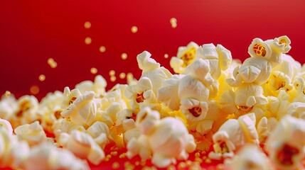 Spilled popcorn on a red background reflects the classic cinema experience, representing entertainment and movies.