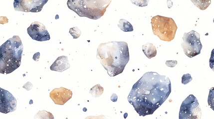 A watercolor journey through an asteroid belt, with rocks of various shapes and sizes, on white