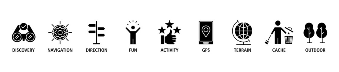 Geocaching banner web icon set vector illustration concept with icon of discovery, navigation, direction, fun, activity, gps, terrain, cache and outdoor
