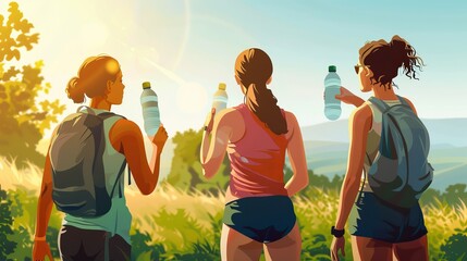 Stay hydrated and active! Women enjoy a refreshing drink after a workout or hike in nature. This helps them stay healthy and fit. - obrazy, fototapety, plakaty