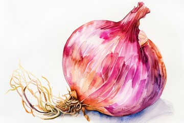 A watercolor portrait of an onion, its layers subtly differentiated in color, elegantly on white