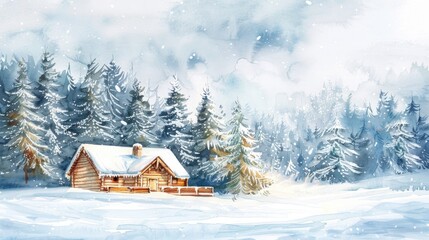 Fototapeta na wymiar A watercolor scene of a cozy cabin in a snowcovered landscape, evoking warmth, on white
