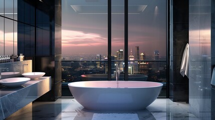 Sophisticated Modern Hotel Bathroom with Panoramic View, Marble Surfaces, and Designer Bathtub and Sink Ensemble