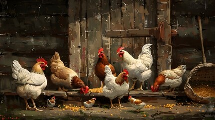 On the farm, hens. Fresh farm products and organic poultry farming are concepts. hens on a conventional hen farm. The chickens appear inquisitive after finding the concealed camera on the farm. Farm 