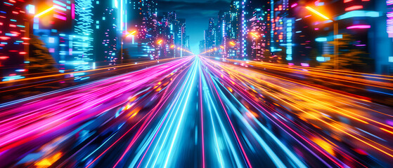 Fototapeta na wymiar City Night Traffic, Speed and Motion on Urban Roads, Light Trails and Dynamic Movement