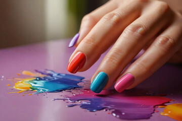 hand model with nails with colorful vivid colors manicure
