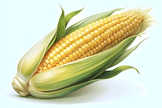 Fresh Corn Cob with Husk on White Background