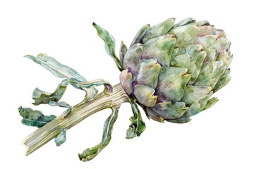 Obraz premium Watercolor art of an artichoke, with its intricate layers and textures, beautifully presented on white