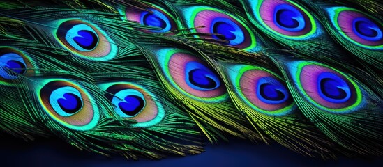 Obraz premium Vivid peacock plumes are vividly hued and radiantly fanned out in a straight line