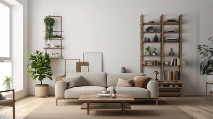 Spacious and Airy Modern Living Room Interior with Plush Sofa, Chic Coffee Table, and Wooden Racks Against a Crisp White Wall Featuring Copy Space