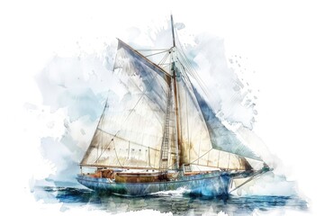 Watercolor painting of a vintage sailboat navigating the open sea, with a white background