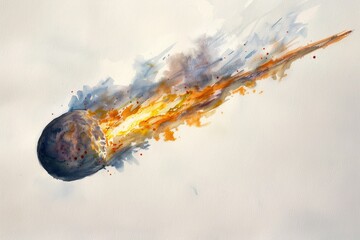 Watercolor rendering of a comet hurtling through space, its tail aglow, set on a pristine white canvas