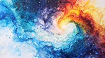 Fototapeta na wymiar Watercolor portrayal of a distant galaxy, its spiral arms swirling in vibrant hues, on a white canvas