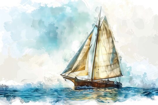 Watercolor painting of a vintage sailboat navigating the open sea, with a white background