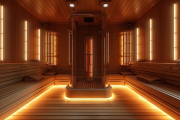 Modern Infrared Sauna Interior with Warm Glowing Lights - obrazy, fototapety, plakaty