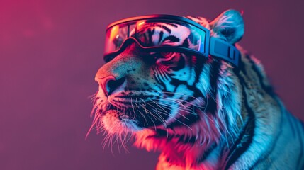 A tiger wearing goggles and a red shirt with sunglasses, AI