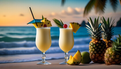 A perfectly garnished piña colada cocktail on a beach with the sunset in the background - obrazy, fototapety, plakaty