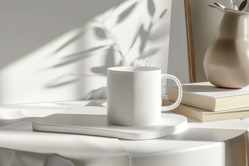 Ethereal Morning: A Serene Coffee Cup Resting on a Pristine Table. Generative AI.