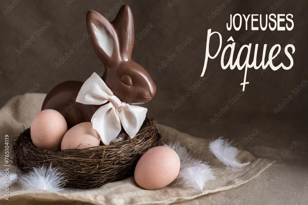 Poster Happy easter text in french with bunny with bow and chocolate easter eggs in a nest.