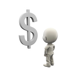 A 3d person looking up at a dollar symbol isolated on a white background. With clipping path