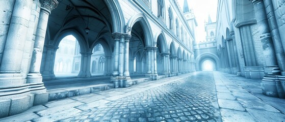  A digital artwork featuring a structure containing pillars, a timepiece affixed to its façade, and a cobbled road leading up to it - obrazy, fototapety, plakaty