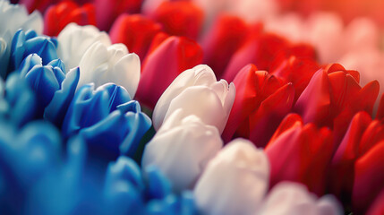 Rows of red, white, and blue tulips in soft focus, reminiscent of the Netherlands flag. - obrazy, fototapety, plakaty