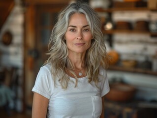 Mature woman with a confident look - A mature woman with grey hair and a serene look on her face, exuding confidence