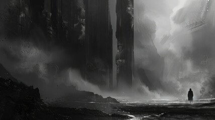 Mystic fantasy landscape with giant cliffs - A dark and atmospheric fantasy landscape showcasing giant cliffs with a solitary figure gazing into the abyss - obrazy, fototapety, plakaty