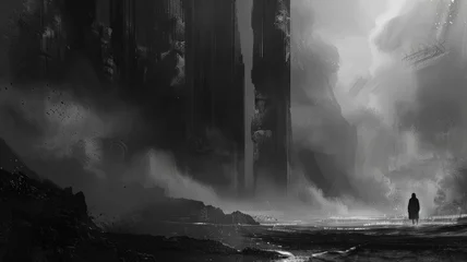 Foto op Plexiglas Mystic fantasy landscape with giant cliffs - A dark and atmospheric fantasy landscape showcasing giant cliffs with a solitary figure gazing into the abyss © Mickey