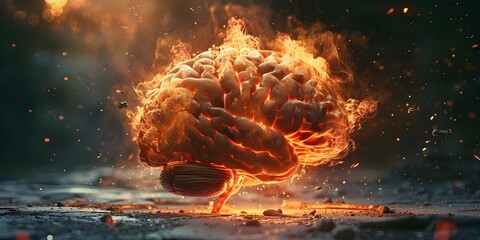Burning Brain: Depicting Neurological Diseases such as Parkinson's, Alzheimer's, Dementia, and Multiple Sclerosis. Concept Medical Illustration, Neurological Disorders, Healthcare Awareness - obrazy, fototapety, plakaty