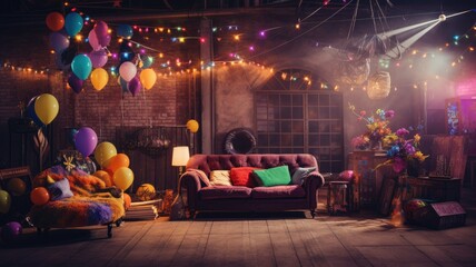 Eclectic loft space with balloons and lights - A cozy eclectic loft space decorated with colorful balloons, lights, and vibrant furnishings for a festive atmosphere