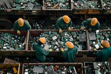 Workers at an ewaste recycling plant sorting and dismantling used electronics. Concept Recycling, E-Waste, Workers, Electronics, Sorting - obrazy, fototapety, plakaty