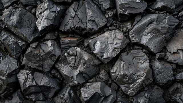 Close-up of Fragmented Charred Wood Pieces - This moody image showcases textures and patterns of fragmented black charred wood, highlighting natural destructive beauty